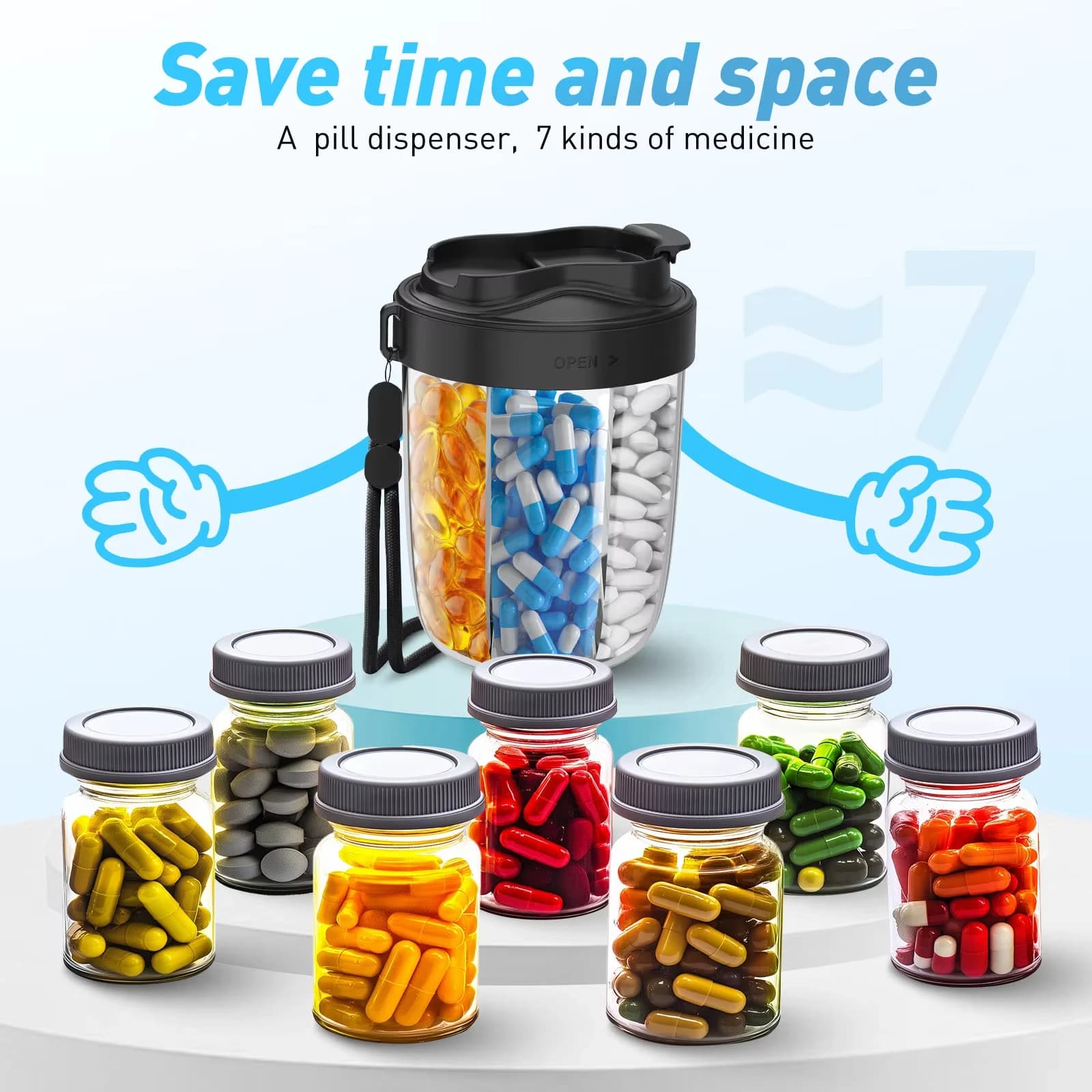 Custodies for large pills with 7 grills to travel One month Dispenser for tablets Vitamins Medicine Fish Oils Subtitles