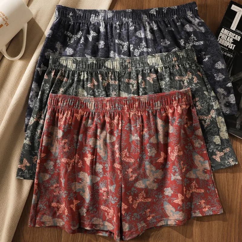 New American-Style Cotton Men's Arrow Pants with Butterfly Print, Loose Home Shorts, Mid-Rise, Soft and Comfortable, Plus-Size