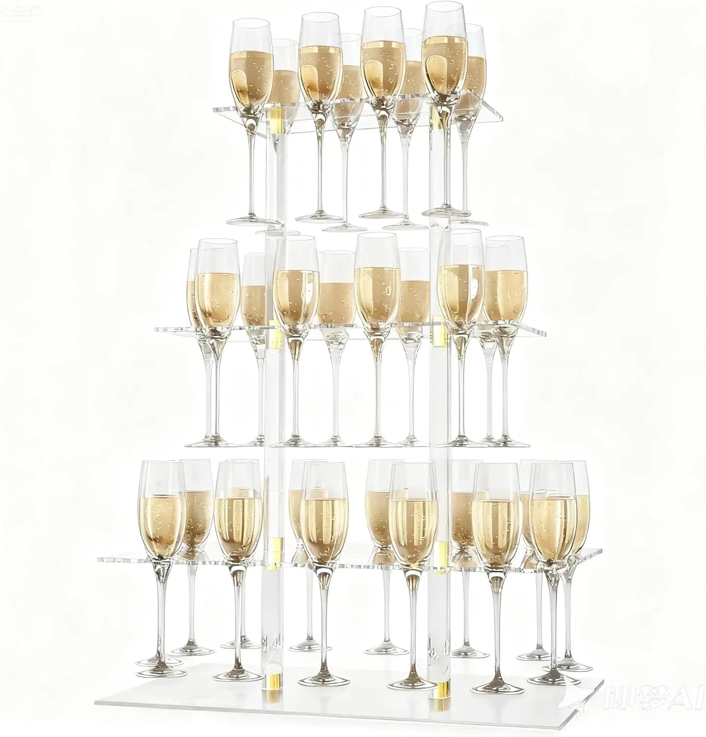 Espositore per Bicchieri da Vino a 3 Livelli in Acrilico Trasparente con Luce LED, 32 Scomparti per Champagne e Cocktail, Supporto per Esposizione Feste