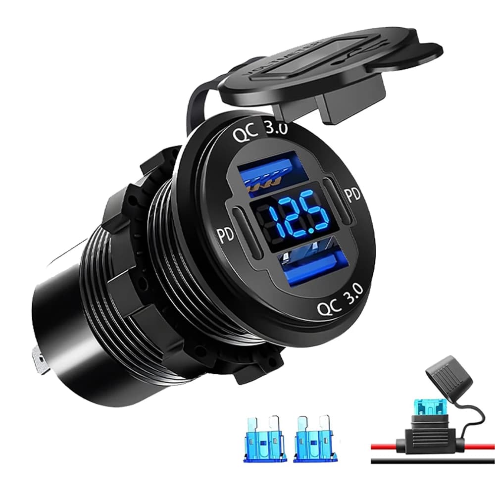 4 Port 12V USB Outlet 78W Dual PD3.0 & Dual QC3.0 Aluminum Alloy USB Ports with LED Voltmeter Waterproof for Boat RV Truck Bus