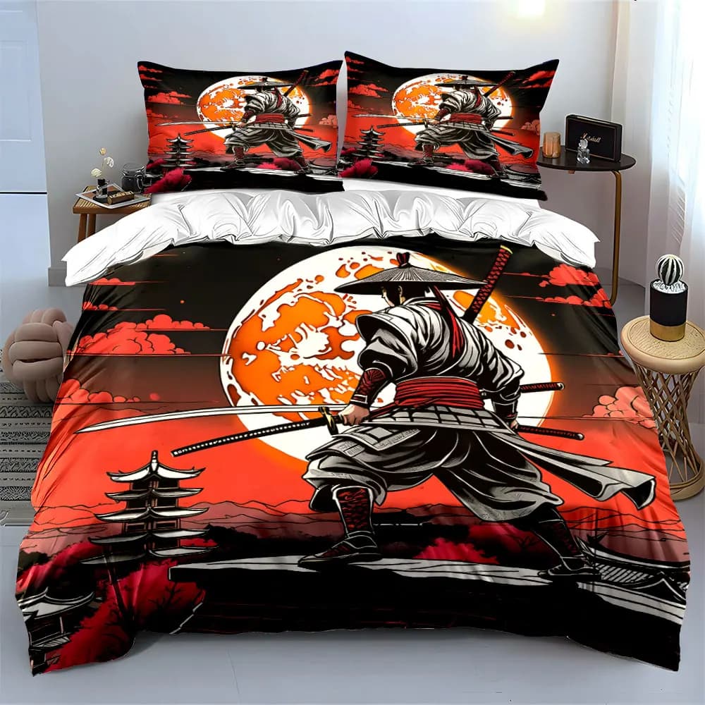 Set di decorazioni con stampe artistiche Samurai, set di biancheria da letto con copripiumino morbido e confortevole, include 1 copripiumino e 2 federe, regalo