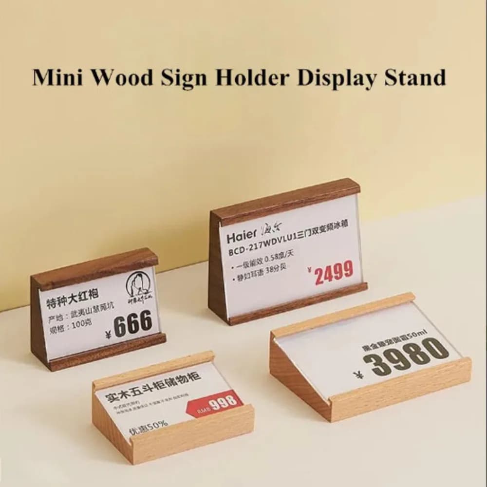 10 Pezzi 70x40mm Piccoli Porta-Etichette in Legno, Supporti per Menu, Porta-Nome per Negozi di Regali, Espositore in Acrilico per Cartellini