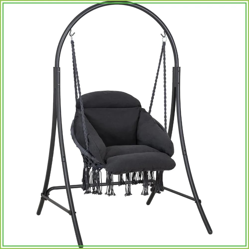 Heavy Duty Hanging Swing Chair with Stand, Max 400 Lbs, Removable Padded Cushion, Dark Grey, Indoor Outdoor Use