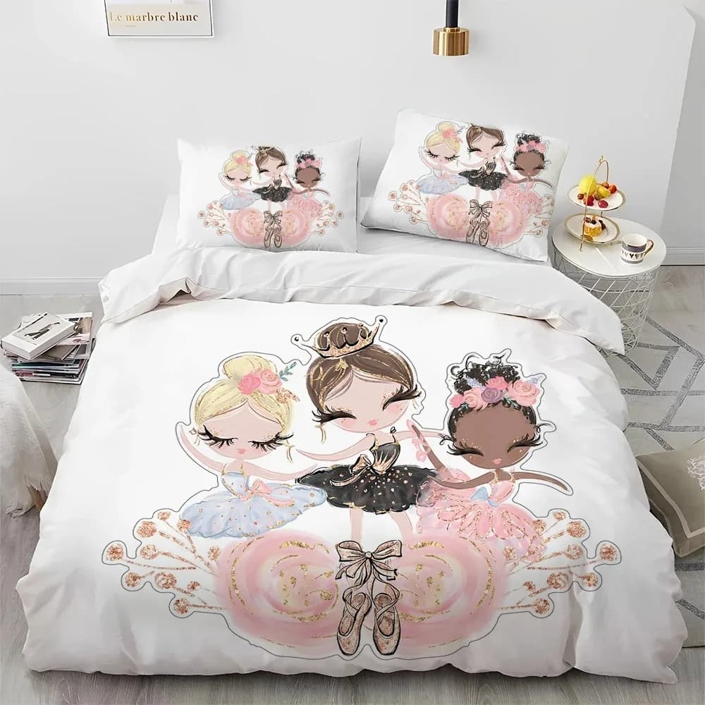 Set di biancheria da letto trapuntato per ballerina per ragazza carina cartone animato per bambini, set copripiumino copripiumino federa, set di biancheria da letto queen size