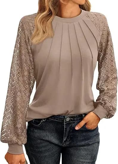 Camicia da donna in pizzo a maniche lunghe Top lavorato a maglia casual Camicetta ampia e traspirante alla moda autunnale per donna