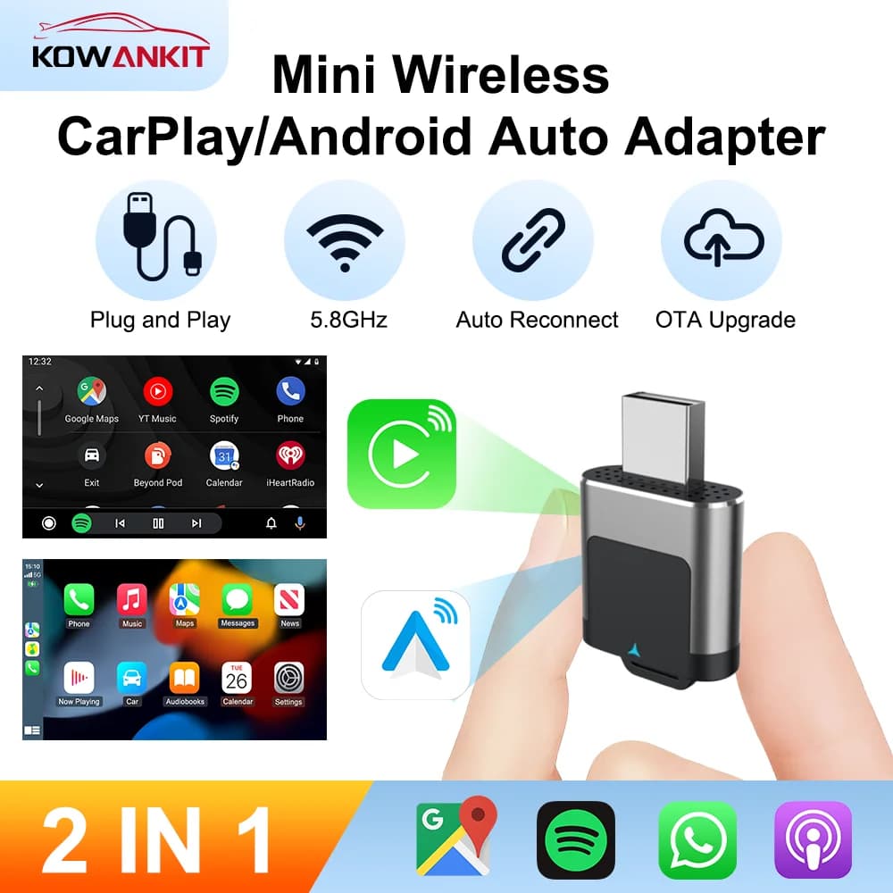 Dongle CarPlay wireless 2 in 1 Mini adattatore wireless Android Auto Plug & Play Smart AI Box Car per Bluetooth KowanKit 2026