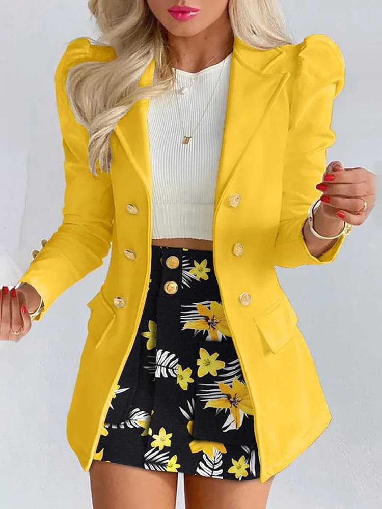 Primavera Autunno Nuovo Completo Stampato Set Gonna Corta Temperamento da Donna Slim Top Cappotto + Mezza Minigonna Set Completo da Ufficio Femminile Kirt