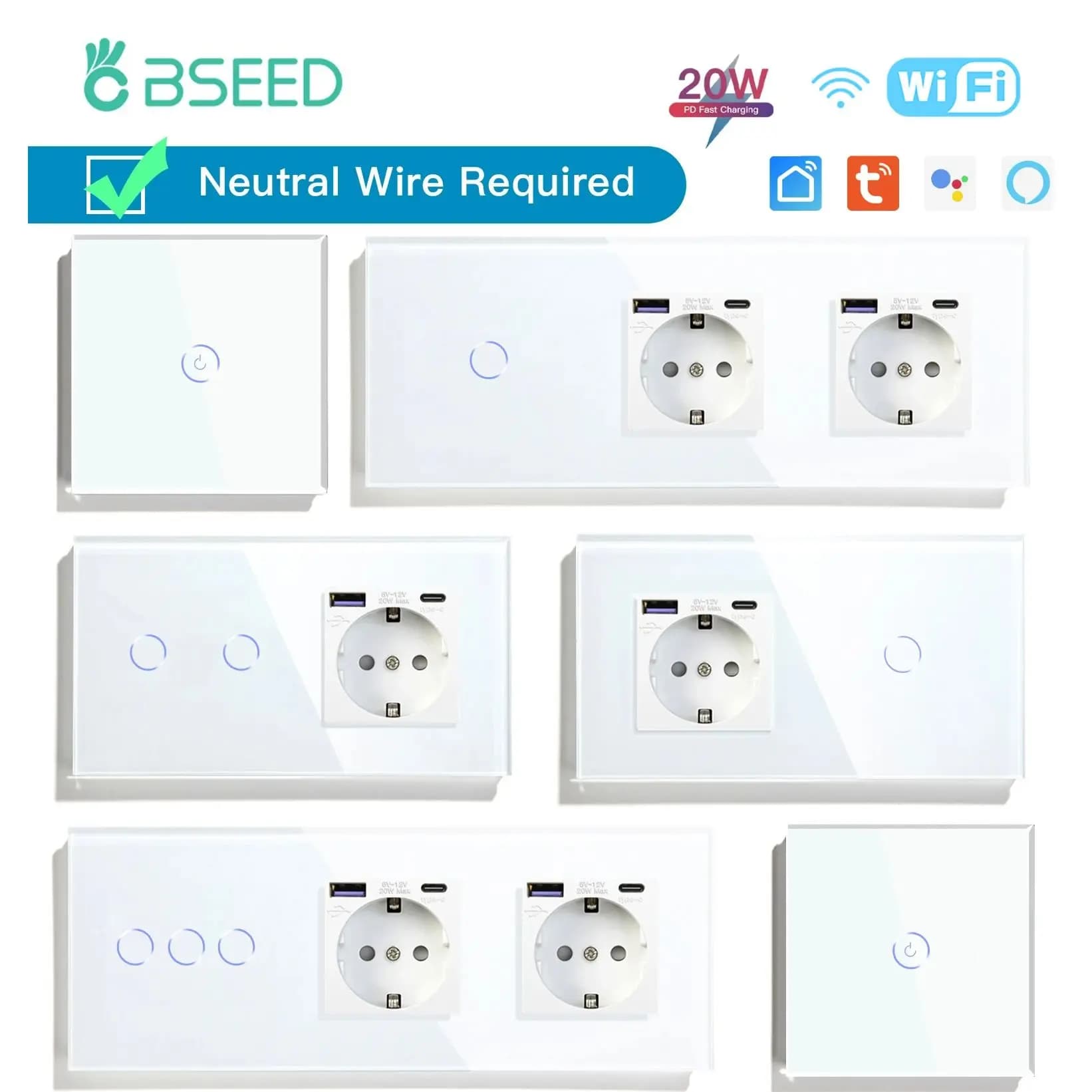BSEED WIFI Interruttore tattile Interruttore a parete intelligente 1/2/3Gang 1/2/3Way Vita intelligente APP Vetro Tipo-c Presa UE Telefono Carica rapida USB 20W