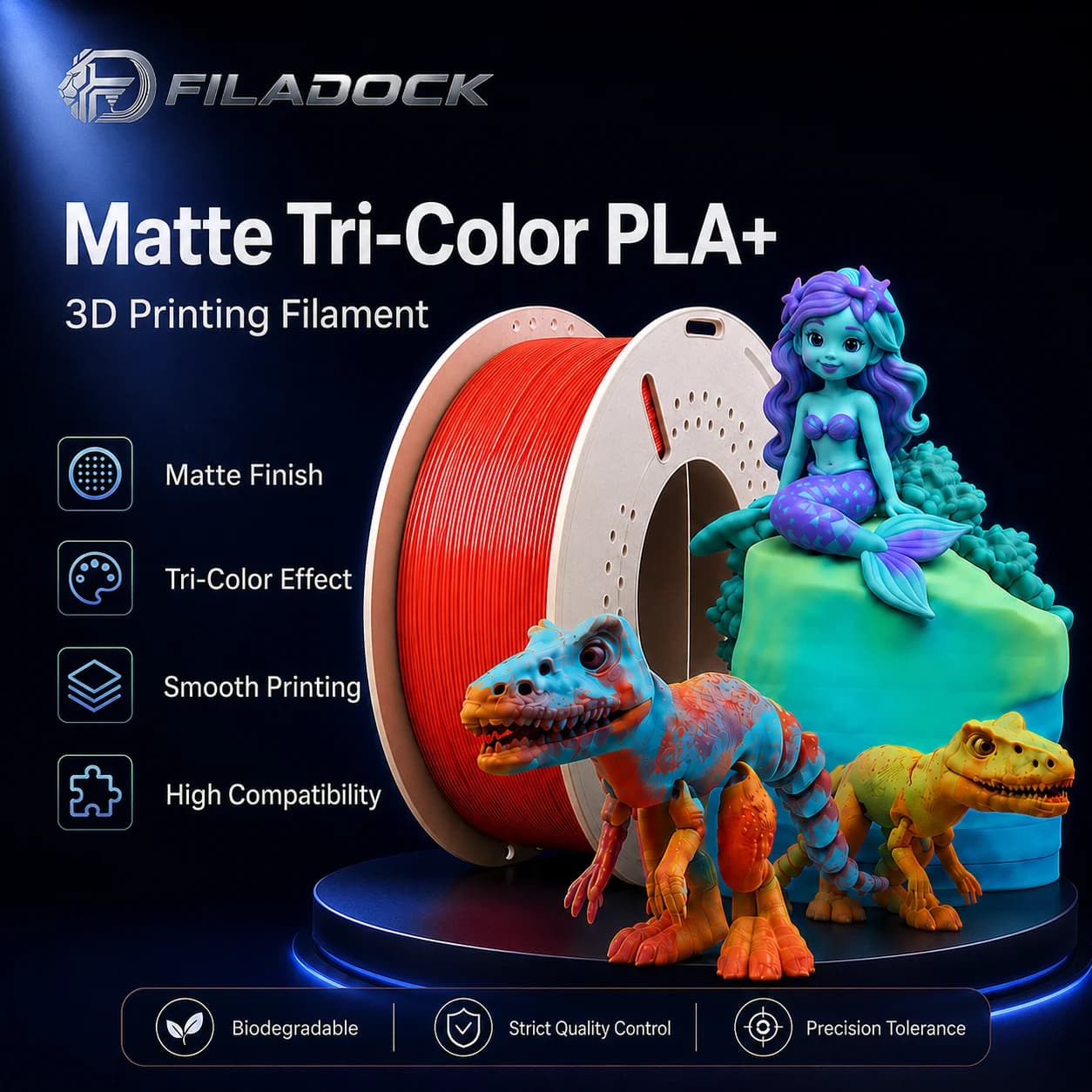Filadock Matte Tri-Color PLA+ Filament 1.75mm 1KG High Speed 3D Printer Filament Matte Triple Colors