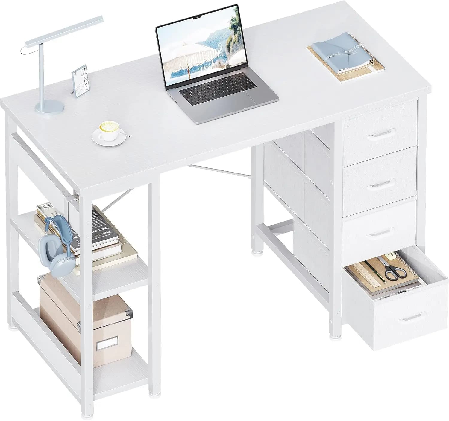 Scrivania per computer bianca da 40 pollici con 4 cassetti in tessuto, ripiani portaoggetti, studio di gioco per l'home office, personalizzato