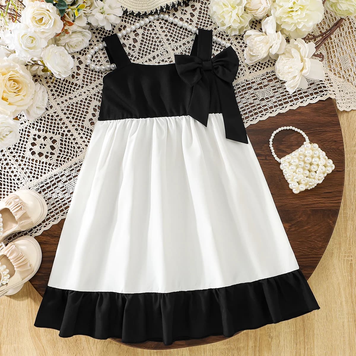 1 piece summer girls' black and white patchwork halter dress daily wear/birthday party/outdoor play for girls aged 2-6 cross