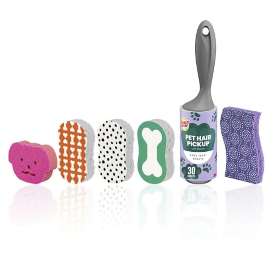 Kit di Pulizia Scotch-Brite per Amanti dei Cani con 6 Spugne Anti-Graffio Edizione Limitata e 1 Rullo Adesivo Extra per Peli di Animali