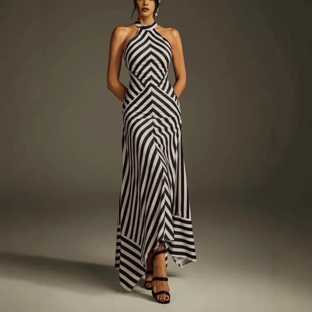 Elegant Zebra Print Backless Sleeveless Women's Dress Slimming Fashionable Evening Gown High Waist Knitted A-Line Skirt