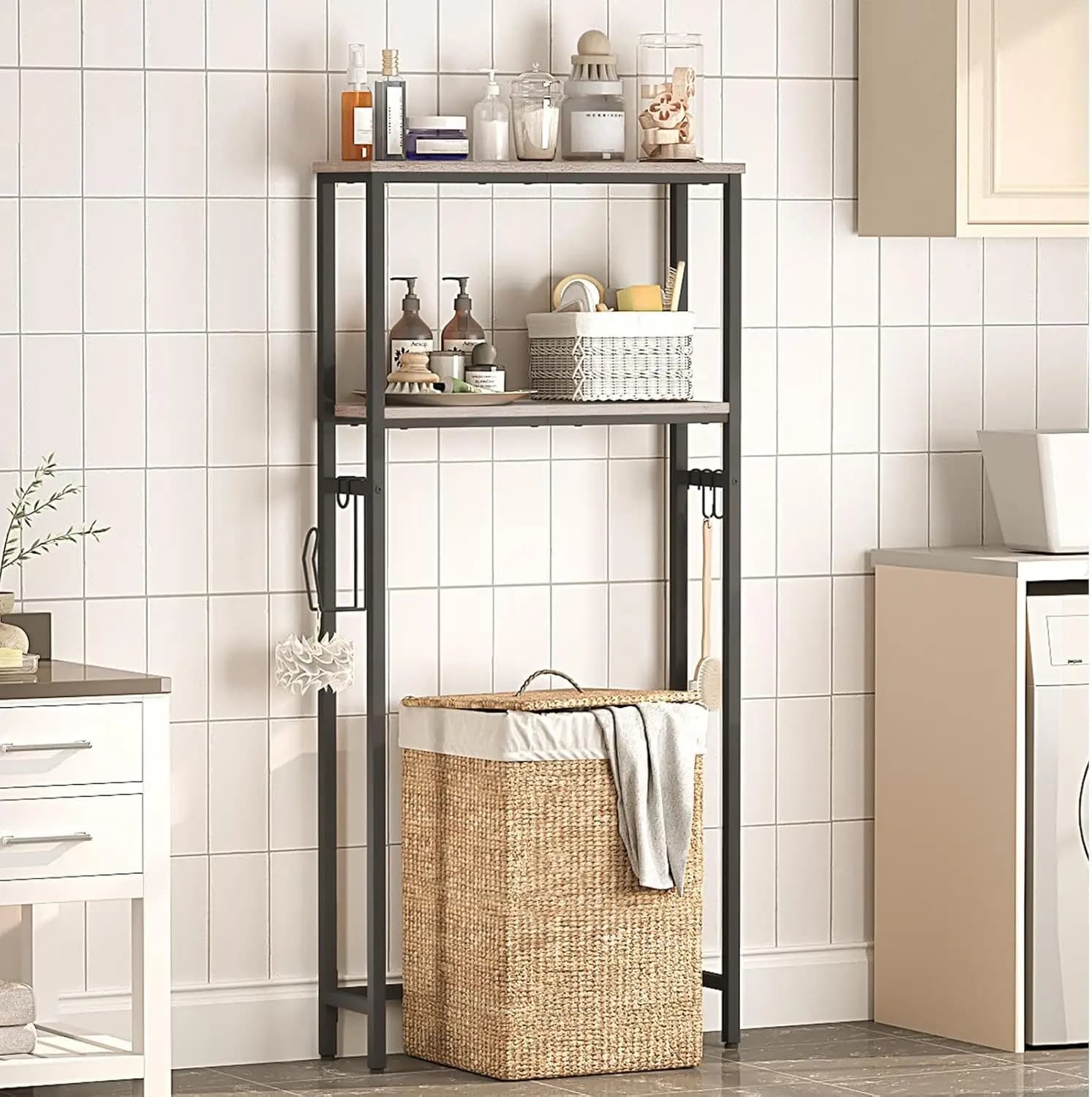 Organizzatore da Bagno a 2 Livelli Sopra il WC, Scaffali per Bagno con Portarotolo e Ganci, Autoportante