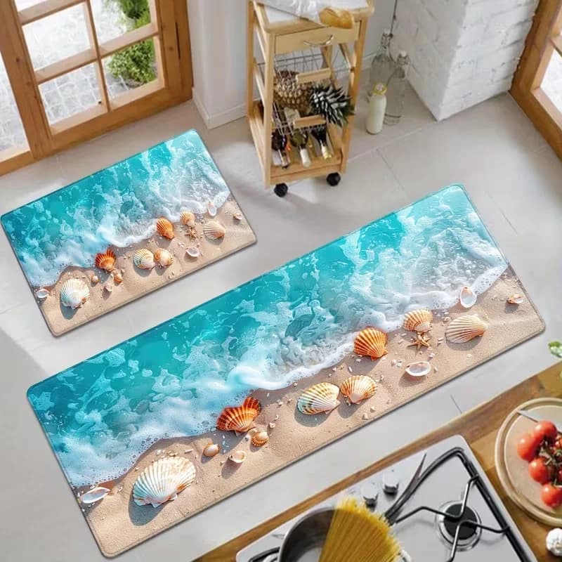 Tappeto Runner Antiscivolo con Stampa Onde Marine e Conchiglie, Tappetino a Tema Spiaggia Costiera per Soggiorno, Corridoio, Arredamento Casa
