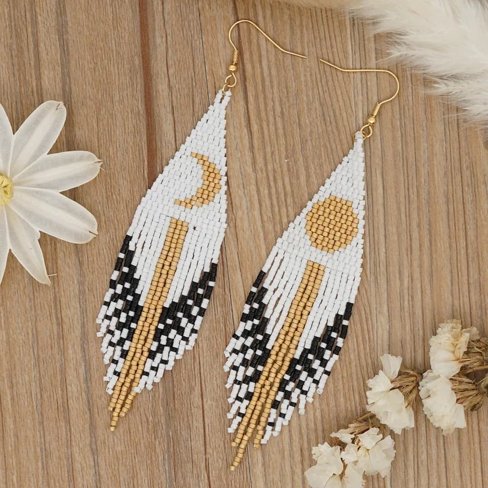 Rice bead earrings Tassel Symmetry Sun Moon Design Originality Hand knitting Bohemia Alloy Fashion Simple Beaded earrings