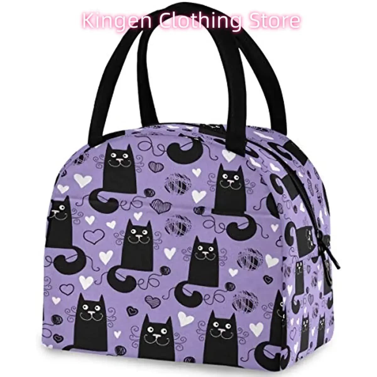 Borsa per il pranzo riutilizzabile con gatti neri divertenti con tasca frontale con chiusura a cerniera Borsa termica termica isolata