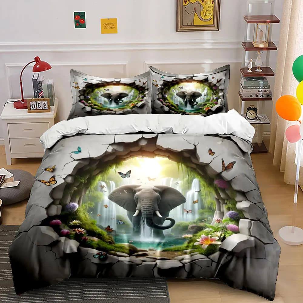 Set di biancheria da letto con elefante 3D, 3 pezzi, copripiumino con stampa di elefante e cascata su parete effetto crepato + 2 federe, decorazioni per la casa, regali