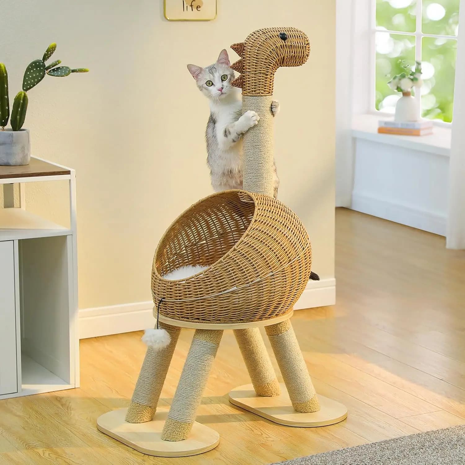 Torre per Gatti da Interno in Rattan, Design Moderno, 46 Pollici, con Tiragraffi e Tappetino Rimovibile