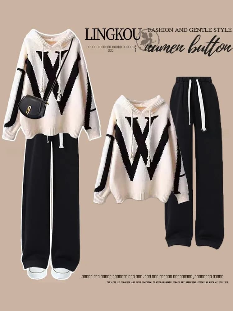 plus Size Women's Spring Autumn Profional Suit Hoodie Wide Leg Pants Two Piece Set Slimming Concealing Casual Faion