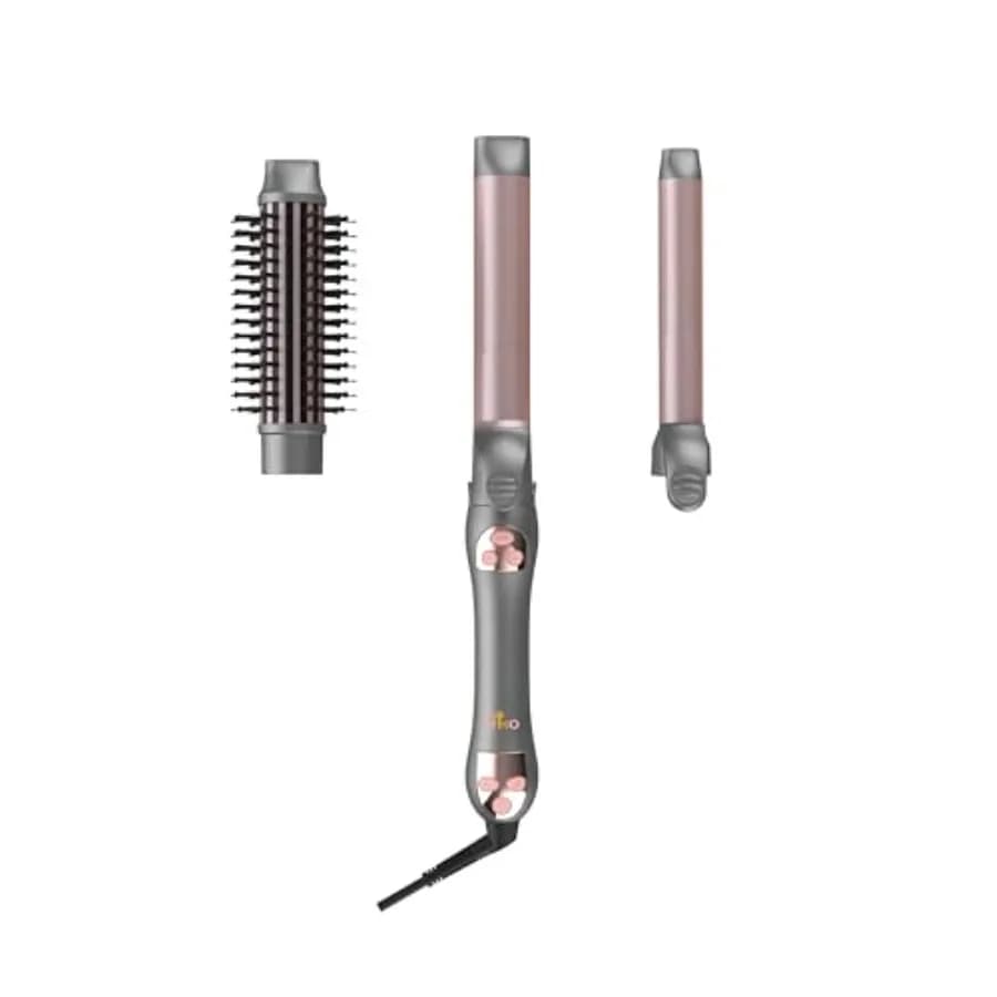 Set 3 in 1 con Ferro Arricciacapelli Automatico Rotante Intercambiabile e Spazzola Termica, Ferro Arricciacapelli da 1''-1.25'', Arricciacapelli Automatico