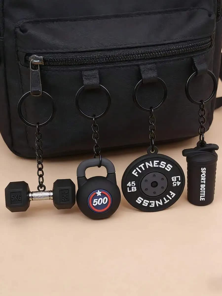 4pcs Black Mini Fitness Equipment Keychain Set Dumbbell Kettlebell Weight Plate Sport Bottle Charm For Adults