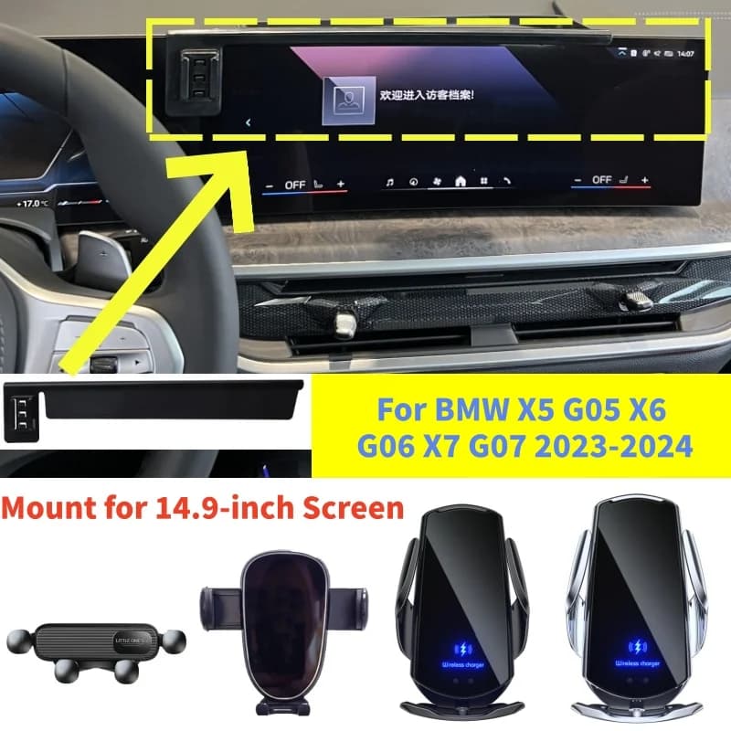 Supporto per telefono fisso con scatola portaoggetti per navigatore auto BMW X5 G05 X6 G06 X7 G07 2023-2024, supporto per navigatore con schermo da 14,9 pollici