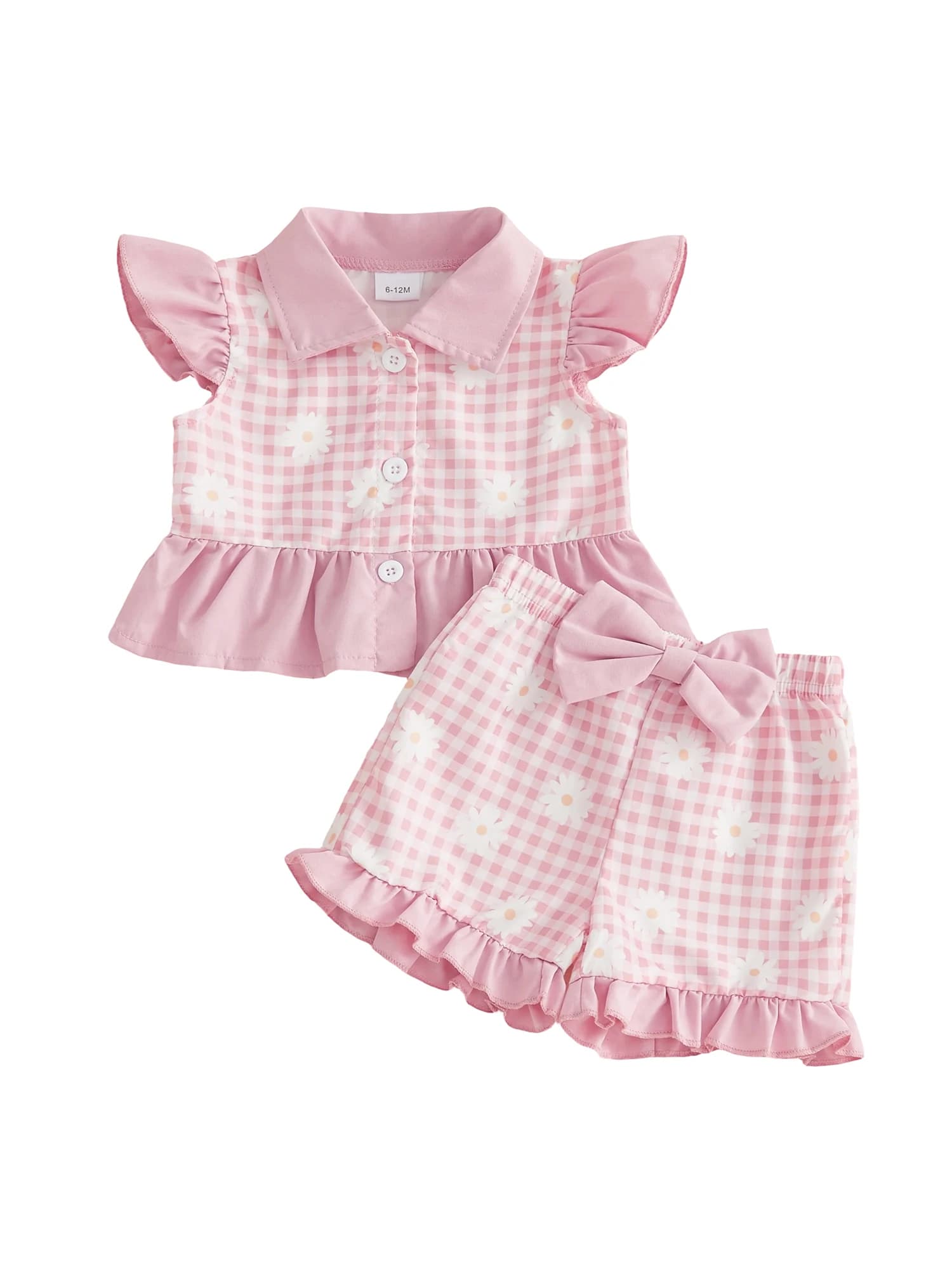 Set of 2 pieces for girls with short sleeve top with floral print and denim shorts with curled edge and bow detail