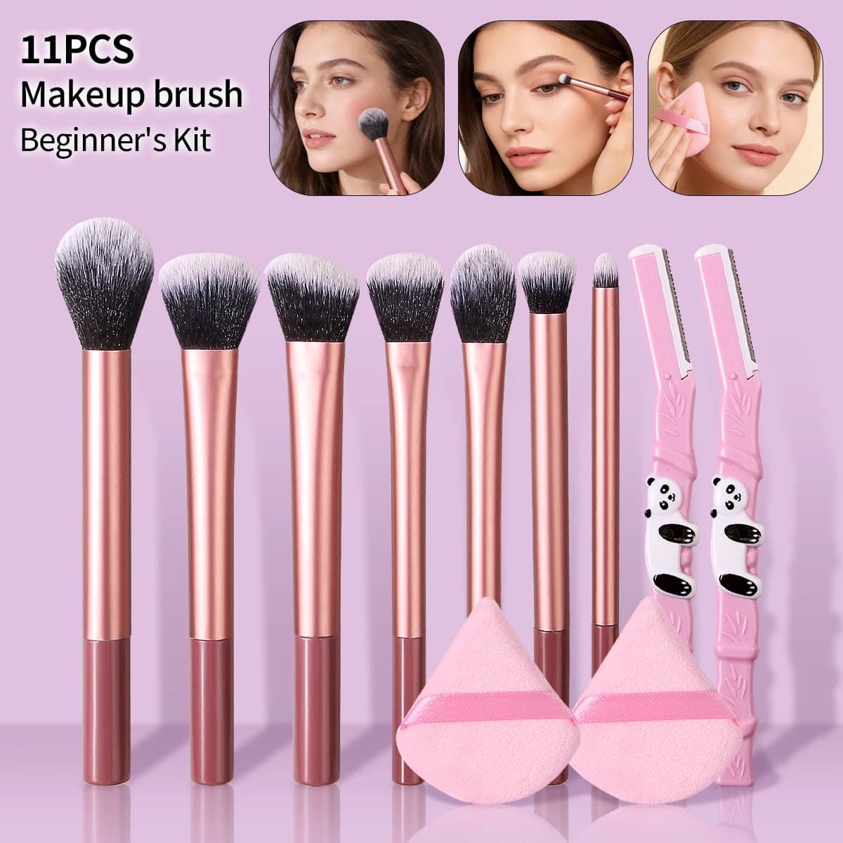Kit di pennelli per trucco professionale da 11 pezzi, setole morbide e soffici, pennelli per fondotinta, fard, ombretto + spugna per trucco + rasoio per sopracciglia