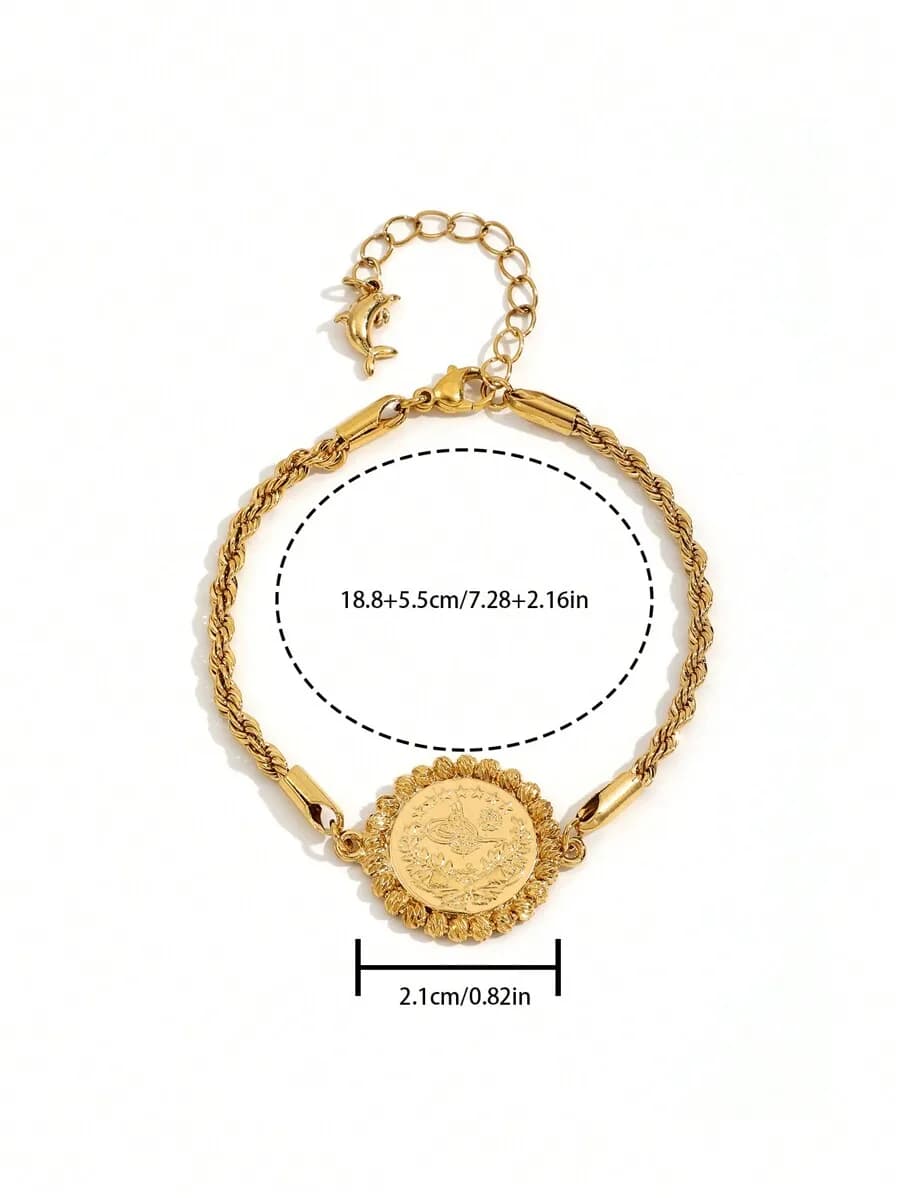 1pc Delicate & Simple 18k Gold-plated Twisted Curb Chain Coin Bracelet Made Of Copper Alloy, Suitable For Women's Everyday Wear