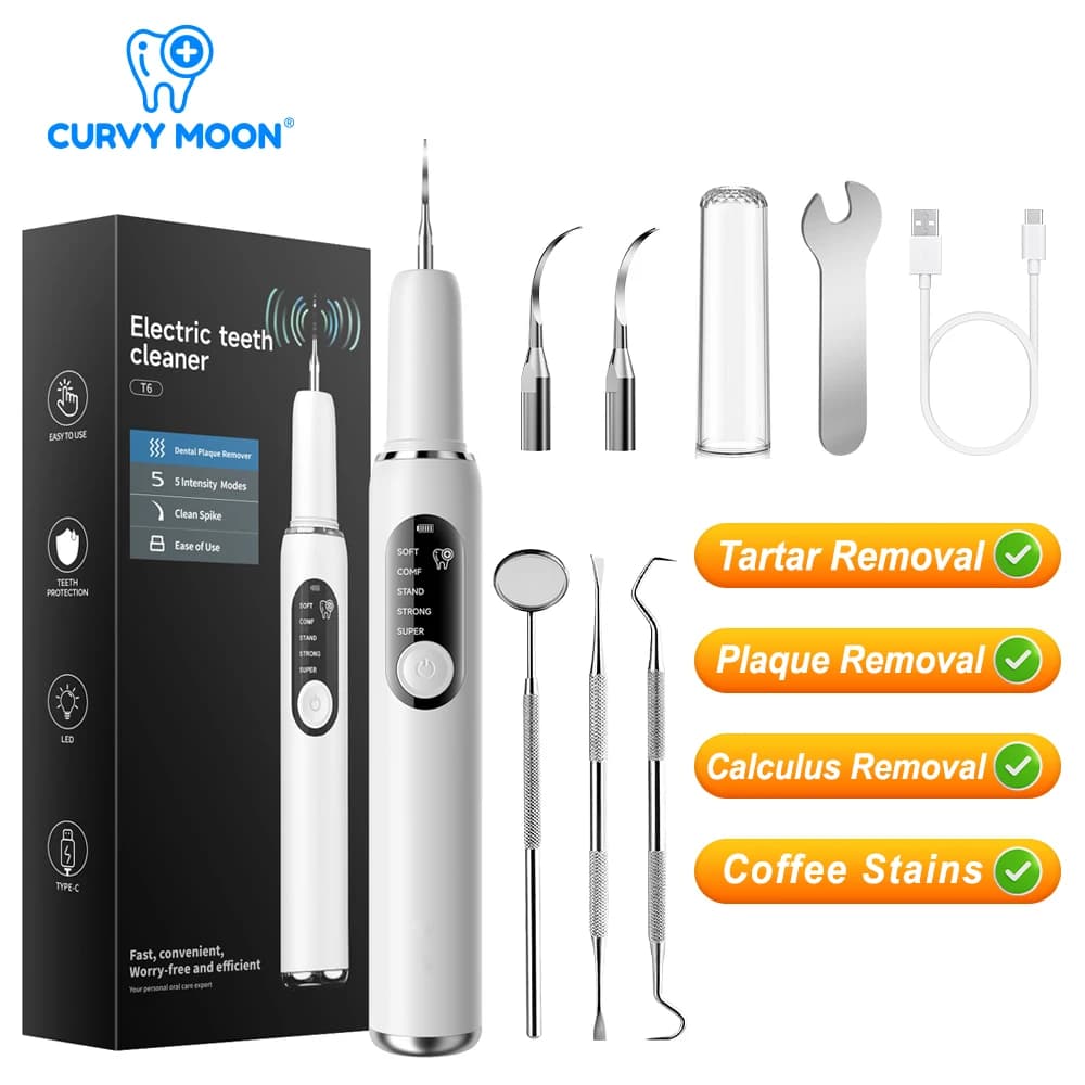 CURVY MOON Smart Electric Teeth Cleaner Ultrasonic Dental Scaler Tarter Calculus Stains Plaque Removal Teeth Whitening Tools