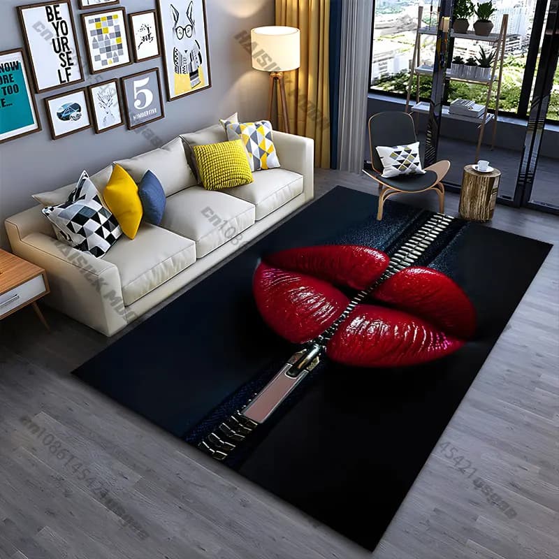 Tappeto rosso con labbra rosse e cerniera a contrasto, tappeto da yoga, decorazione per soggiorno, tappeto per bambini, tappetino per gattonare, tappeto per zerbino, tappeto per giochi