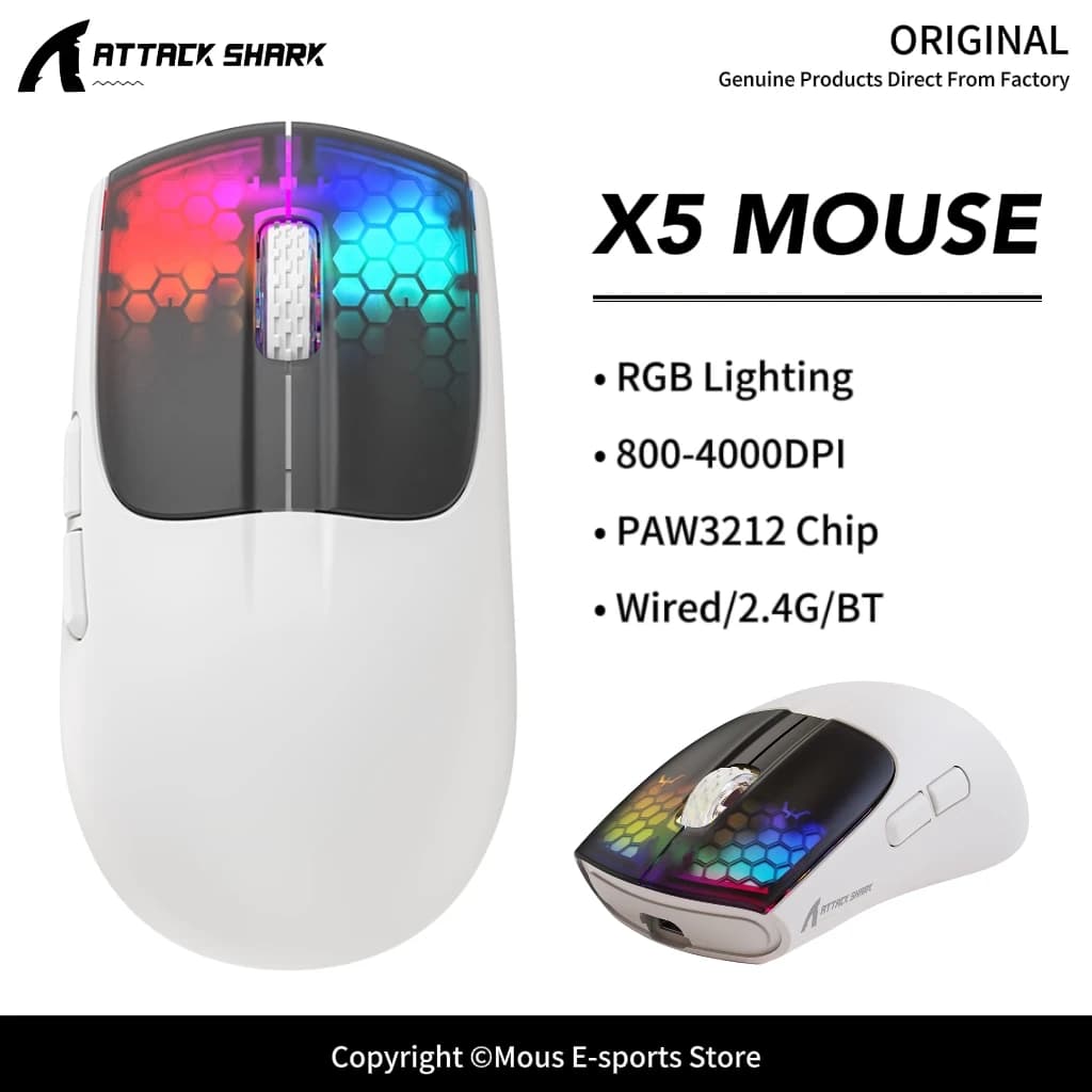 X5 ATTACK SHARK Bluetooth Gaming Mouse PAW3212 Sensor 4000DPI RGB Lighting Design and 1000Hz Polling Rate for Wireless Mouse