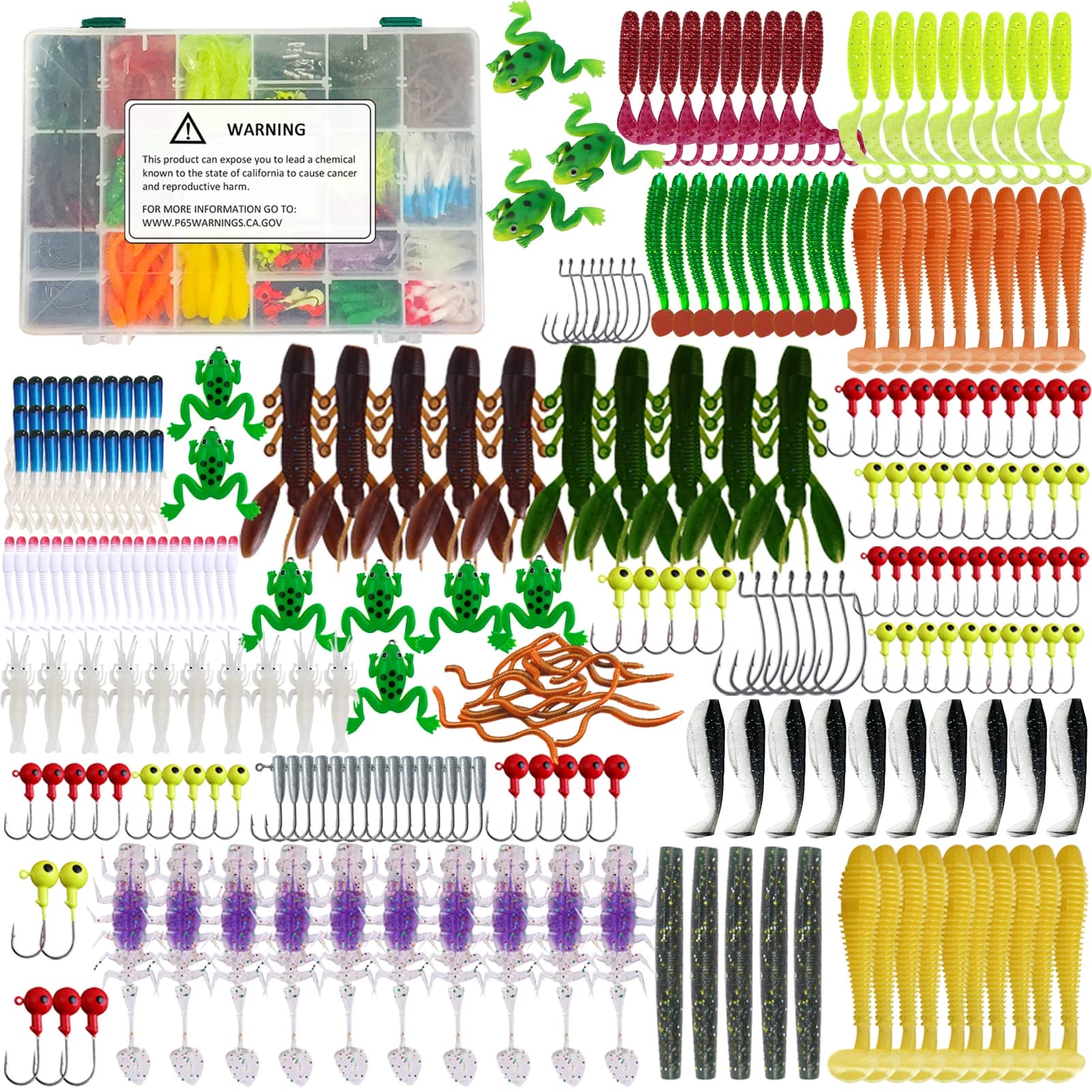 FREE FISHER 301 pezzi assortiti kit esca da pesca morbida per basso, esche Wrom miste, ami jig scatola per attrezzatura da pesca per acqua salata/acqua dolce