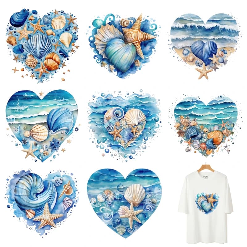 22cm Fashion DTF Heat Transfer Patch Blue Ocean Heart Shell Sea Star Beach Element T-shirt Canvas Bag Pillow Ironing Sticker DIY