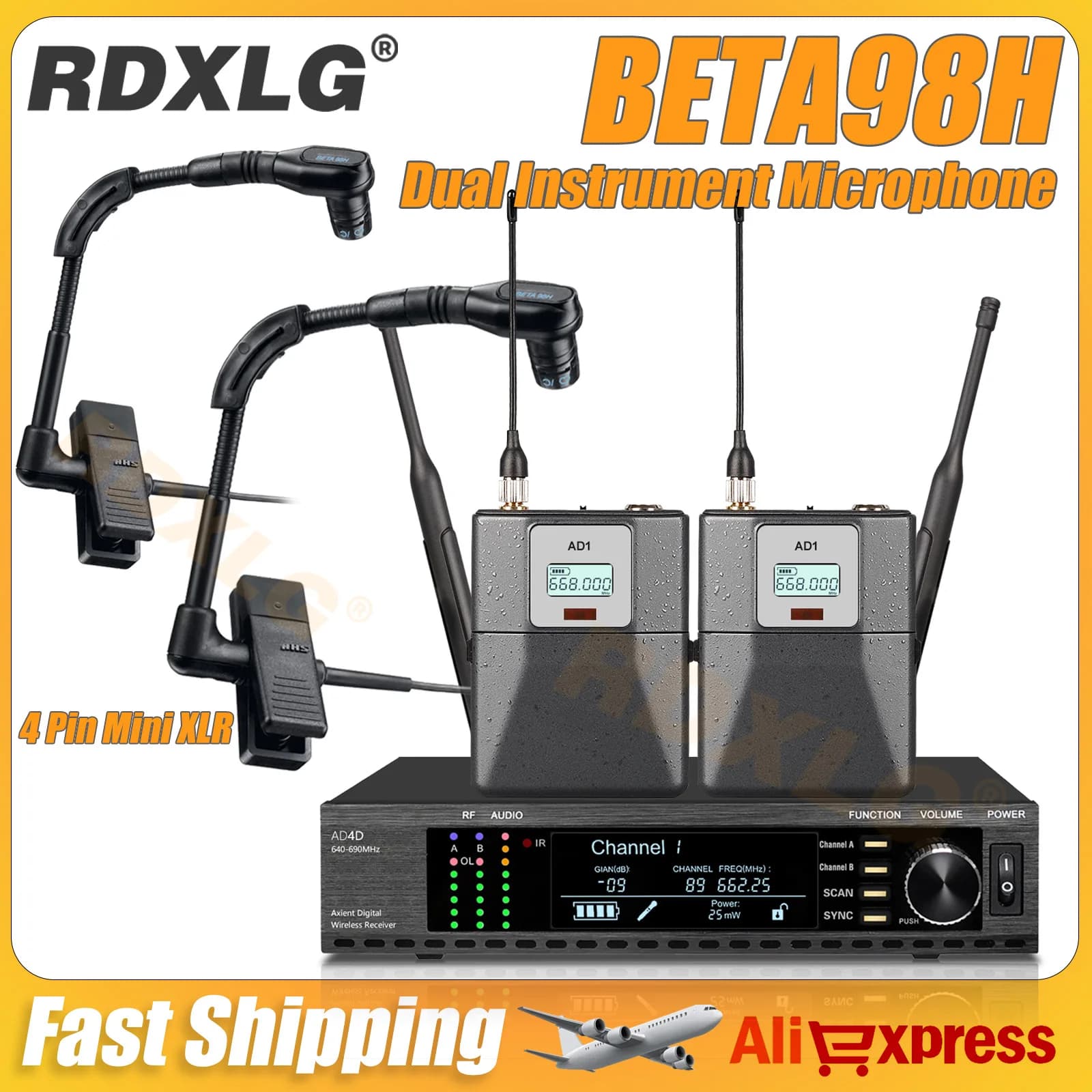 AD4D BETA98H Professional Wireless Instruments Saxophone Microphone，Dual Channel，Metal AD1 Transmitter，Brass Percussion Mic