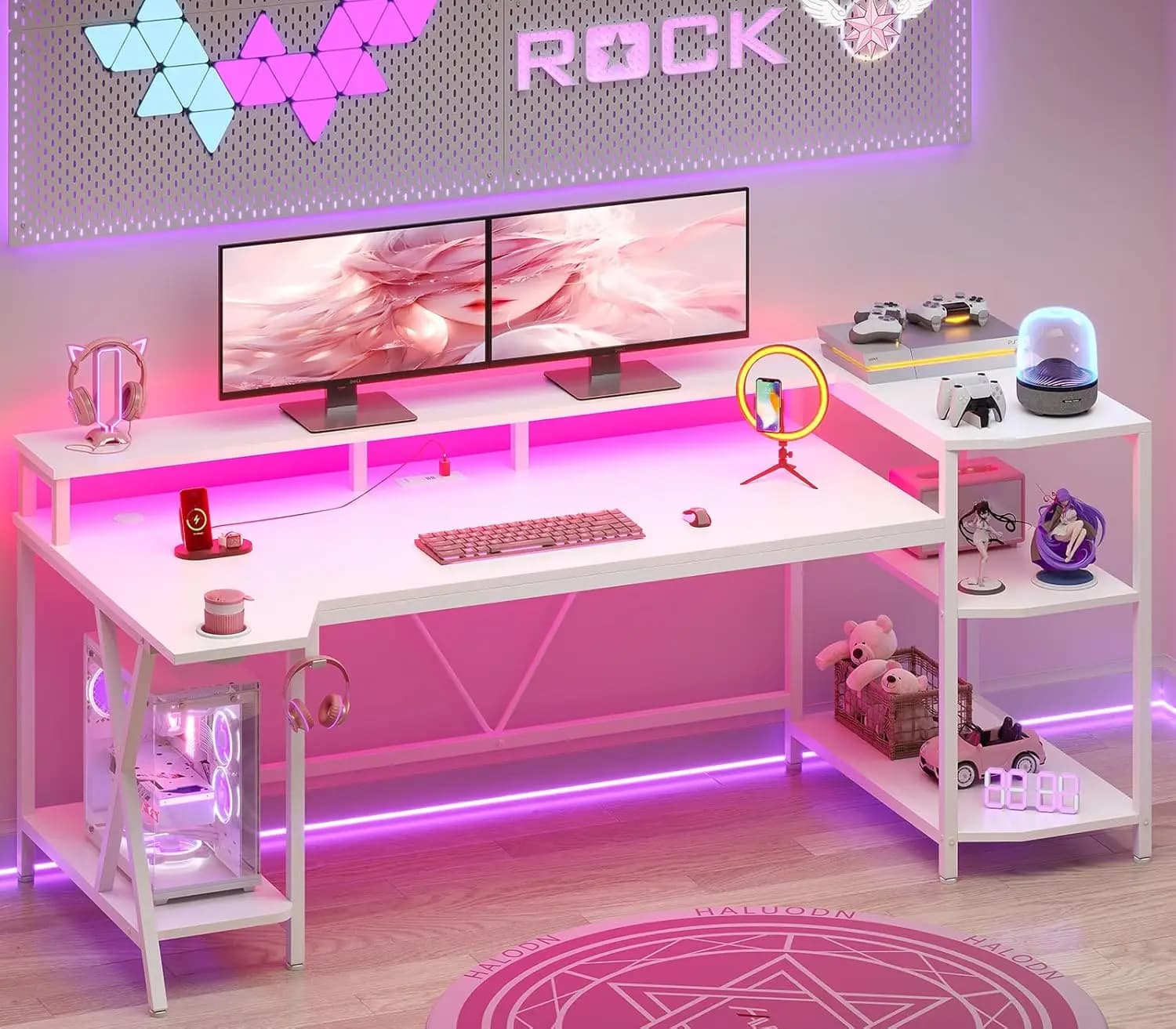 Scrivania da Gaming Bianca 70.8'' con Luci LED e Ripiani Portaoggetti, Scrivania per Computer con Supporto Monitor, Prese di Corrente e Personalizzabile