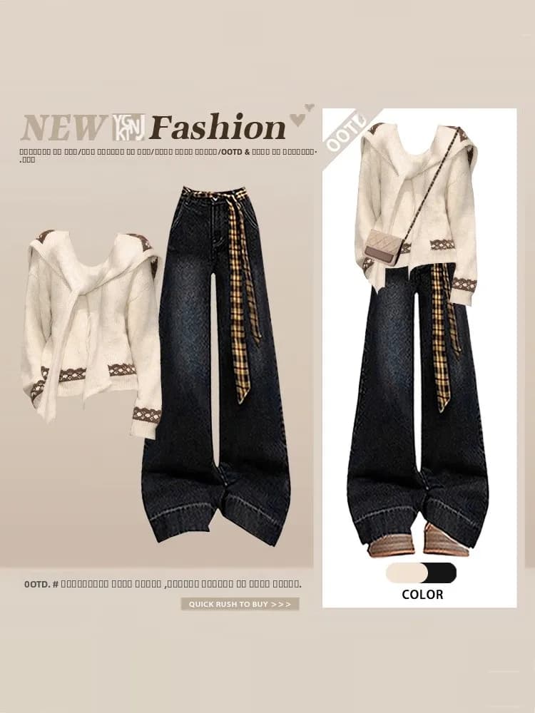 Set Due Pezzi Stile Coreano: Maglione Lavorato a Maglia con Collo Tondo e Jeans a Vita Alta e Gamba Larga, Outfit Moda Autunno Inverno per Donna