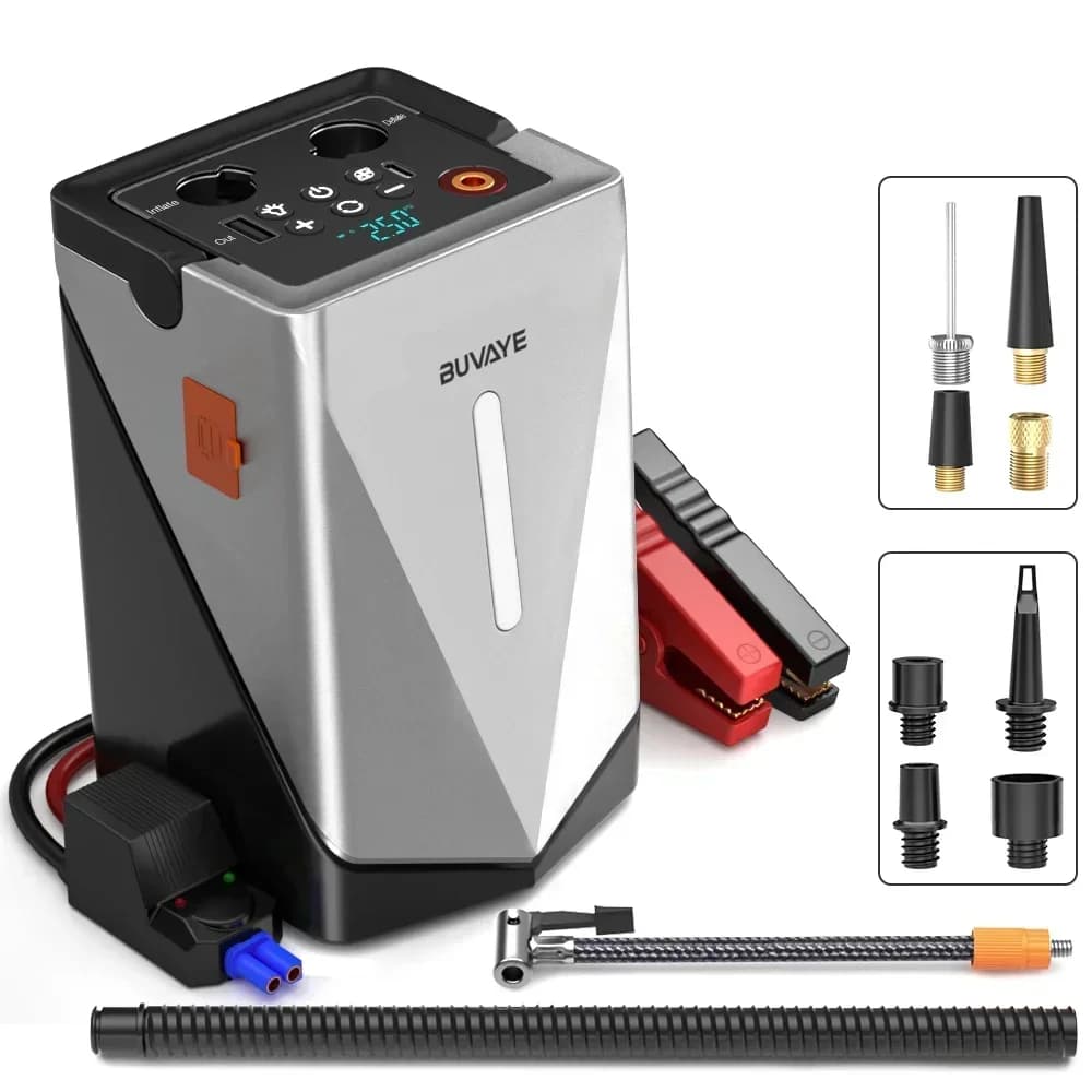 BUVAYE Avviatore di emergenza per auto Compressore d'aria Ventilatore per barbecue Pompa d'aria Batteria portatile Booster Pompa gonfiabile Accumulatori e caricabatterie di riserva Illuminazione a LED