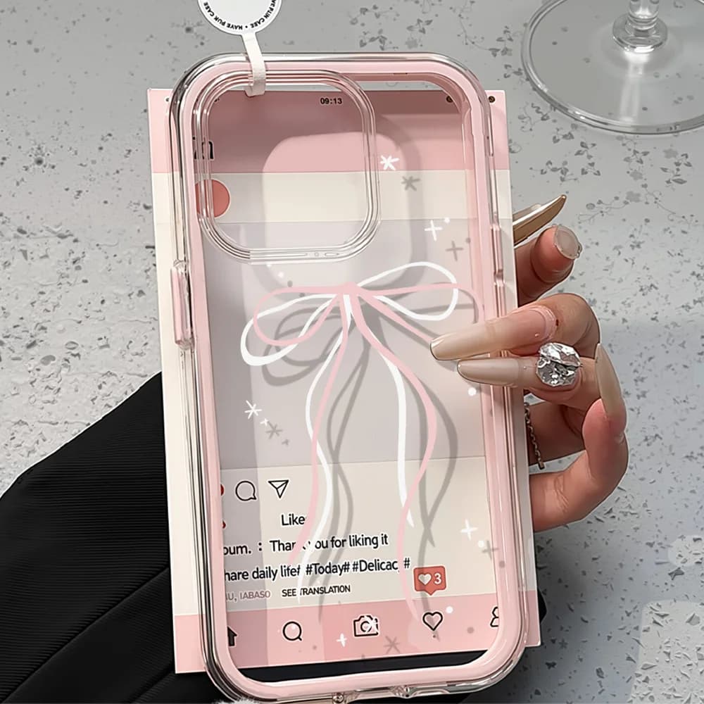Pink Bow Clear Case For iPhone 17 16 15 12 13 14 Pro Max Air 11 iPhone17 17ProMax 16Pro 15Pro 2in1 Soft Transparent Cover Funda