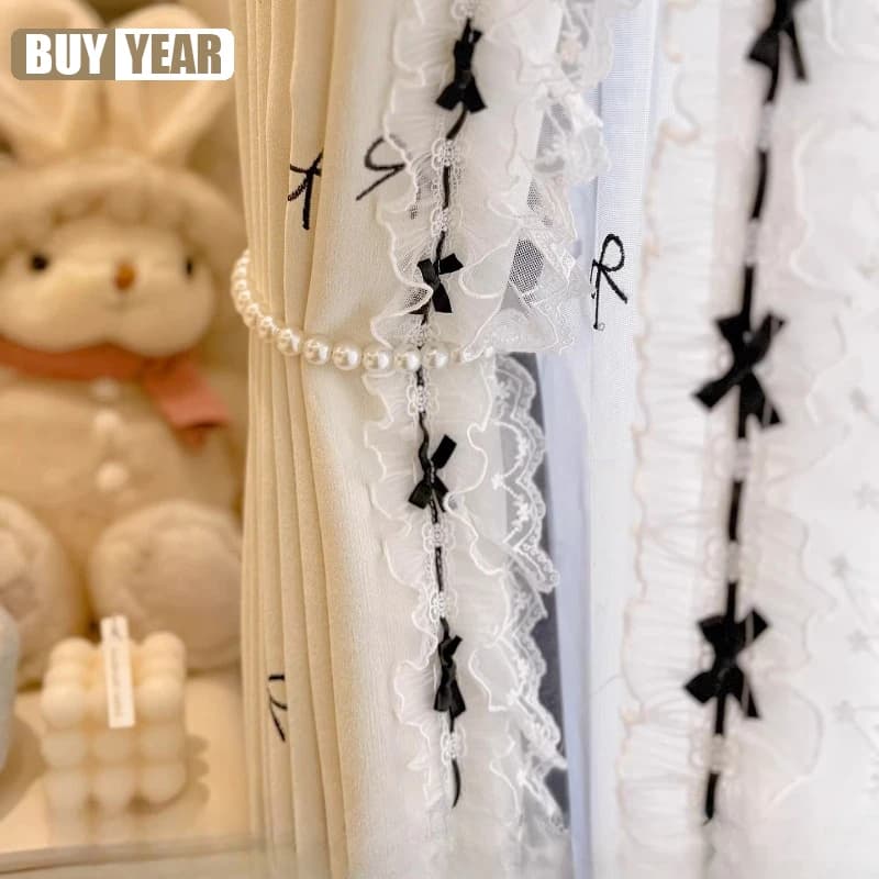 Custom Size Lolita Bow French Cream Embroidery Blackout Lace Curtains for Living Dining Room Bedroom Fashion Decor Modern