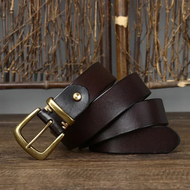 Cintura da uomo in pelle lucida lavata da 3,3 cm / 1,3 '' Cintura con fibbia in ottone in pelle conciata al vegetale Cinture casual da uomo in vera pelle