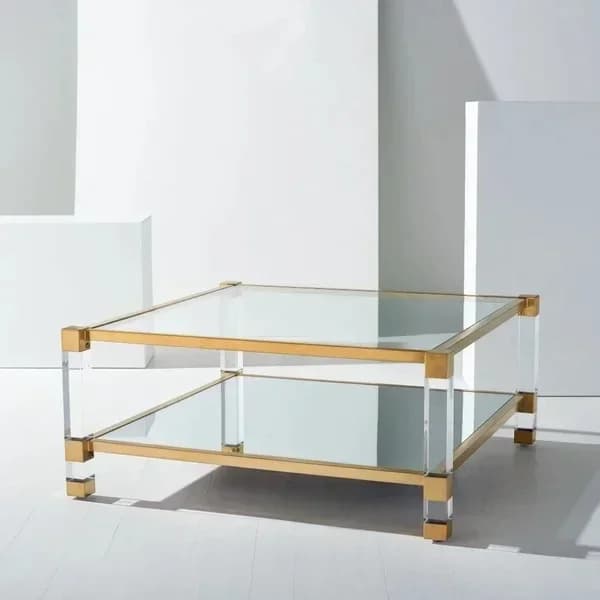 -Modern Luxury Living Room Furniture Brushed Stainless Steel 4 Legs Tempered Glass Top Coffee Table with Storage