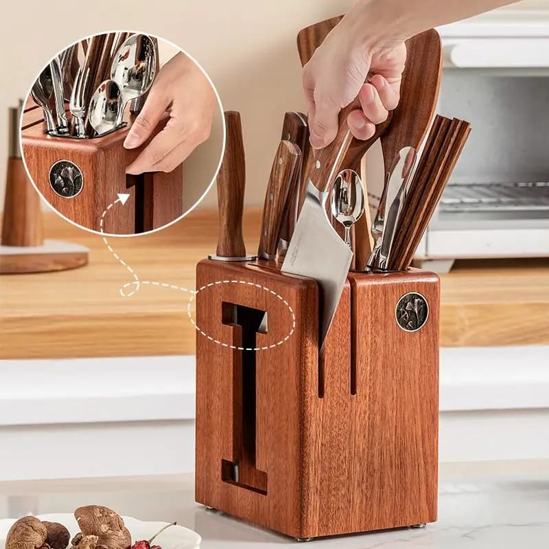 Blocco coltelli in legno di acacia - Supporto da cucina a 6 slot con fori di scarico e ventilazione - Organizzatore di posate antiruggine per chef/casa