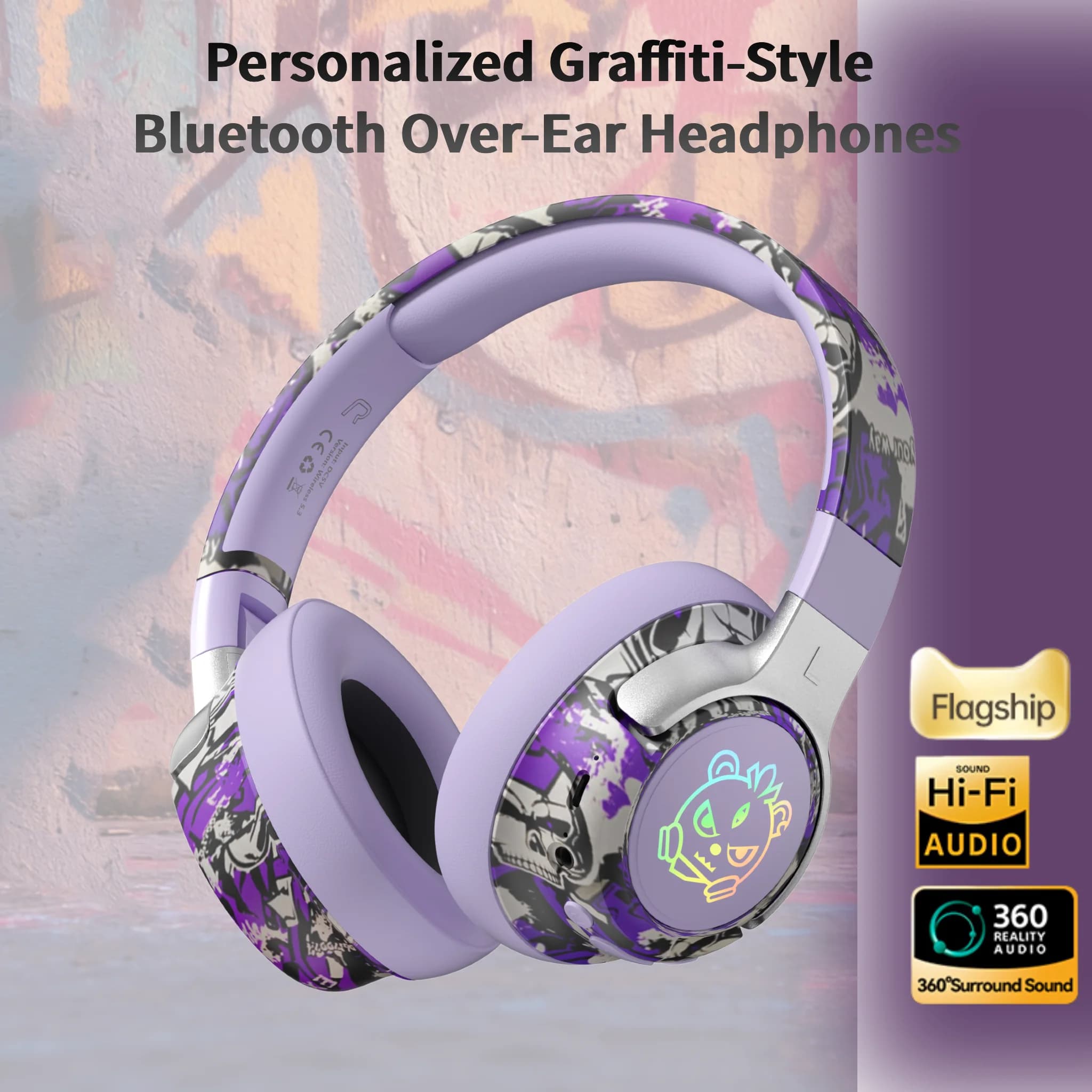 Cuffie da Gaming Bluetooth Graffiti 360 ° Cuffie Wireless con Audio Stereo Hi-Res 5.3, Auricolari Over-Ear per Musica