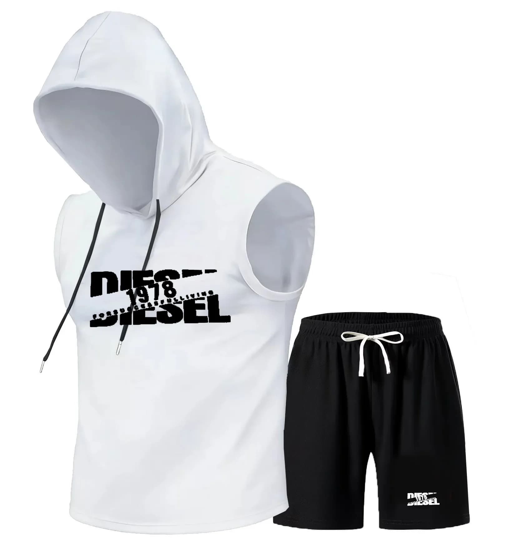 Summer breathable letter printed sleeveless hooded sports suit men's quick drying vest shorts two-piece set