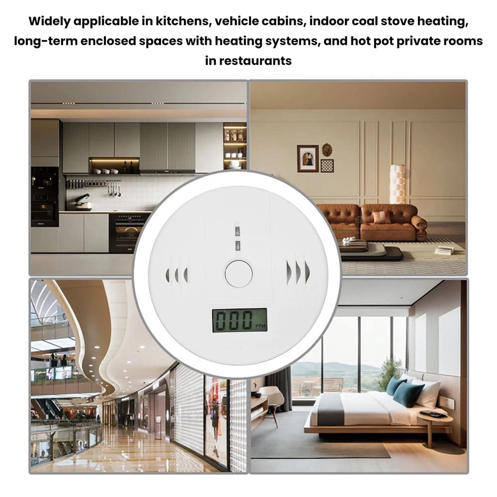Rilevatore di monossido di carbonio per uso domestico, rilevamento di perdite di gas CO e fumo, allarme sonoro e luminoso, display LCD