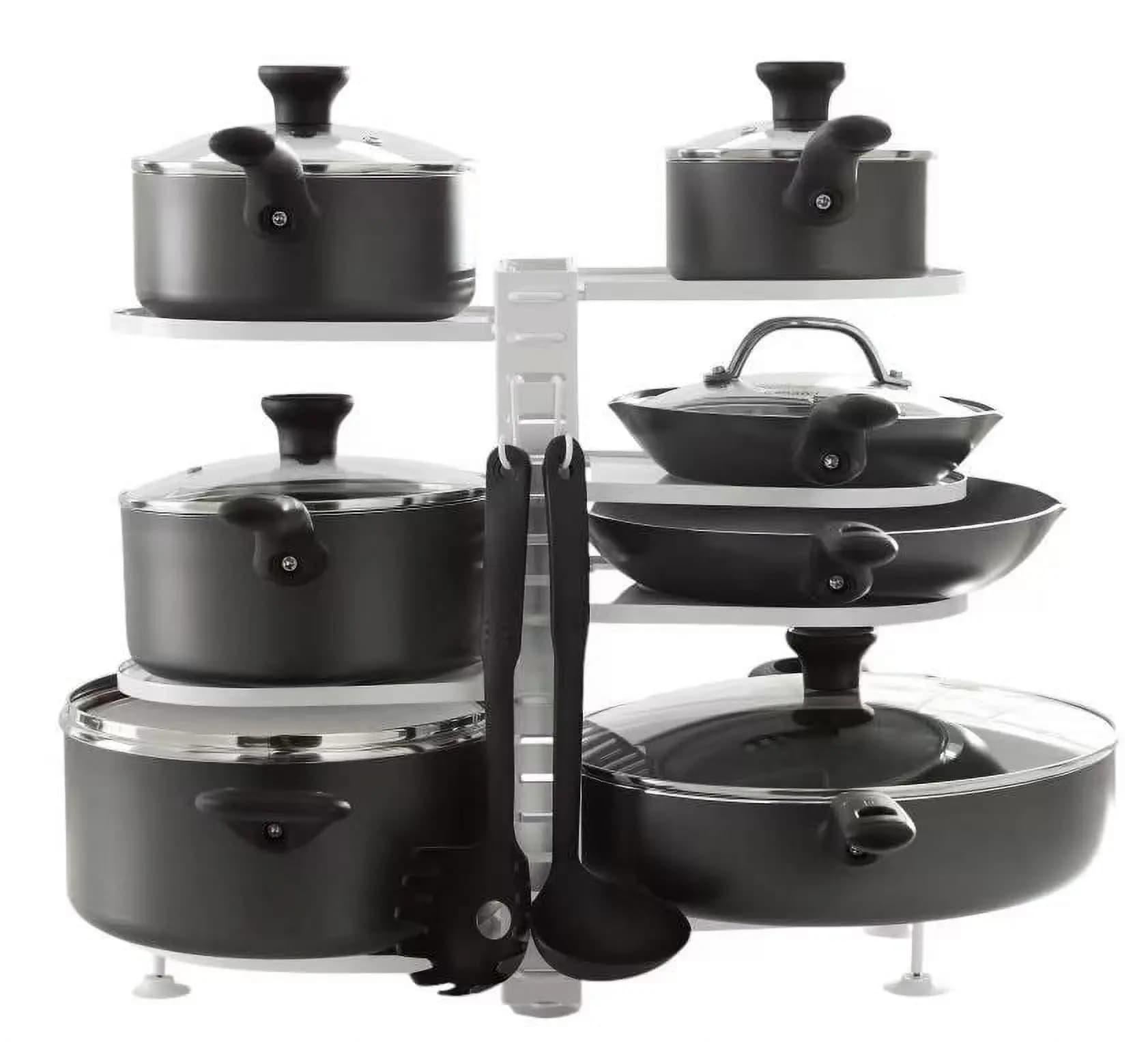 Stainless Steel Pots and Pans Organizer, 8 Adjustable Shelves, Steel, White, Designed to Help with Countertop or Cabinate Lid Or