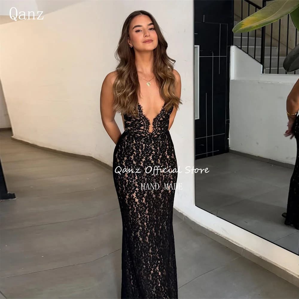 Qanz Black Lace Prom Dress Spaghetti Straps Mermaid Women's Formal Evening Gowns Backless Wedding Guest Dresses Customized
