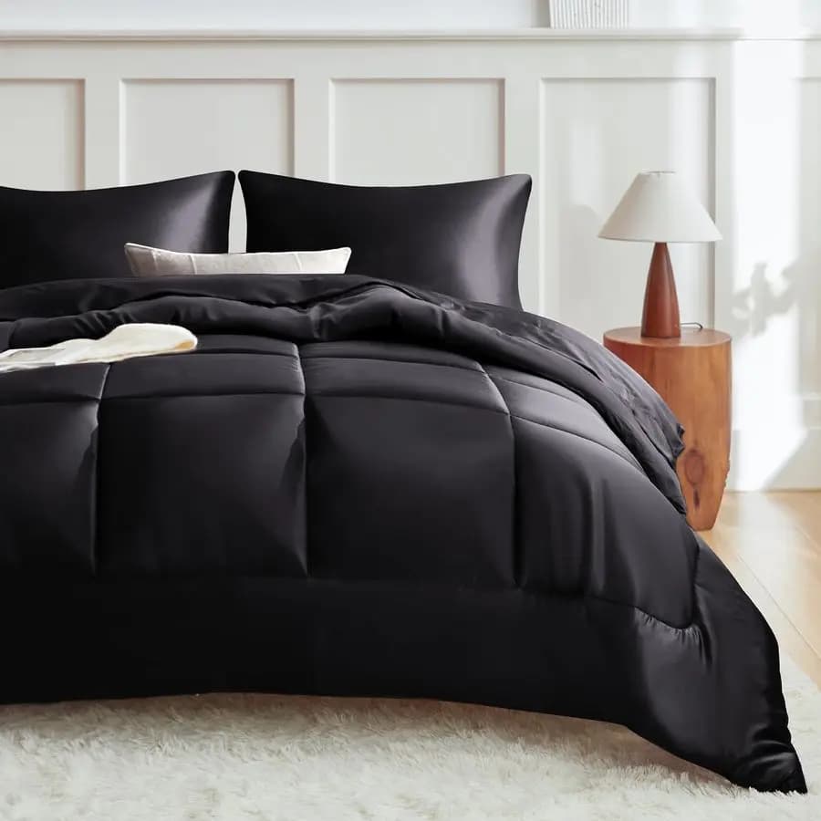 Black Queen Cover Set, Reversible Cover Set in Microfiber Satined for All Seasons, Set Bed Linen 3 Pieces Soft and Sety